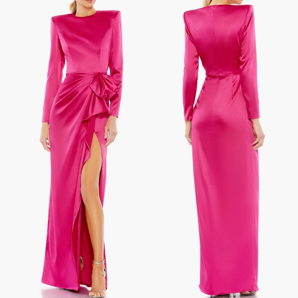 Ieena Mac Duggal Satin Bow Long Sleeve Column Gown in Magenta pink size 4